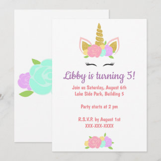 Unicorn Floral Birthday Party Invitation  Kaart