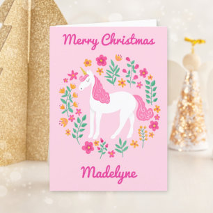 Unicorn Floral Cute Pink Merry Christmas Feestdagen Kaart