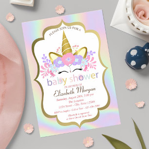 Unicorn, Floral, Holografisch Baby shower Uitnodig Kaart