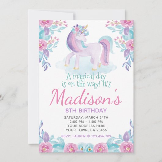 Unicorn Floral Invitation d'anniversaire (Devant)