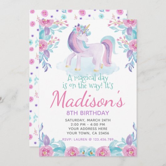 Unicorn Floral Invitation d'anniversaire (Devant / Derrière)