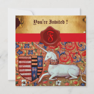 UNICORN FLORAL PARCHMENT RED WAX SEAL MONOGRAM KAART