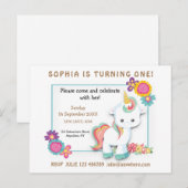 Unicorn Floral Premier Anniversaire Invitation Bla (Devant / Derrière)