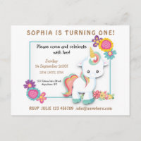 Unicorn Floral Premier Anniversaire Invitation Bla