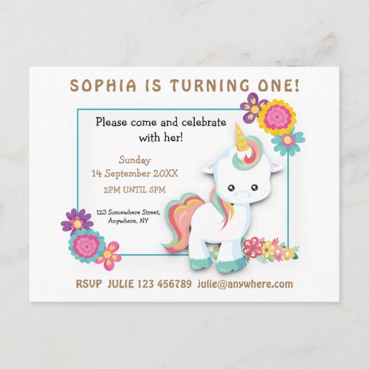 Unicorn Floral Premier Anniversaire Invitation Bla (Devant)
