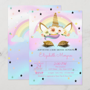 Unicorn Floral Rainbow Holographic Baby shower Kaart