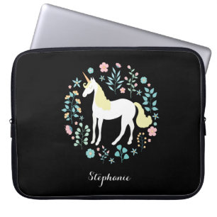 Unicorn & Flowers Black, op maat gesneden Laptop Sleeve