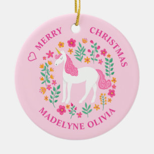 Unicorn Flowers Cute Pink Persoonlijke naam Keramisch Ornament