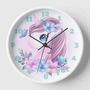 Unicorn, Flowers en Butterflies Large Clock