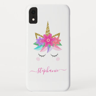 Unicorn Flowers Gold Glitter - Gepersonaliseerd iPhone XR Hoesje