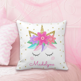 Unicorn Flowers Gold Glitter Personalized Girly Kussen