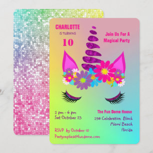 Unicorn Flowery Super Cute Girly Birthday Invite Kaart