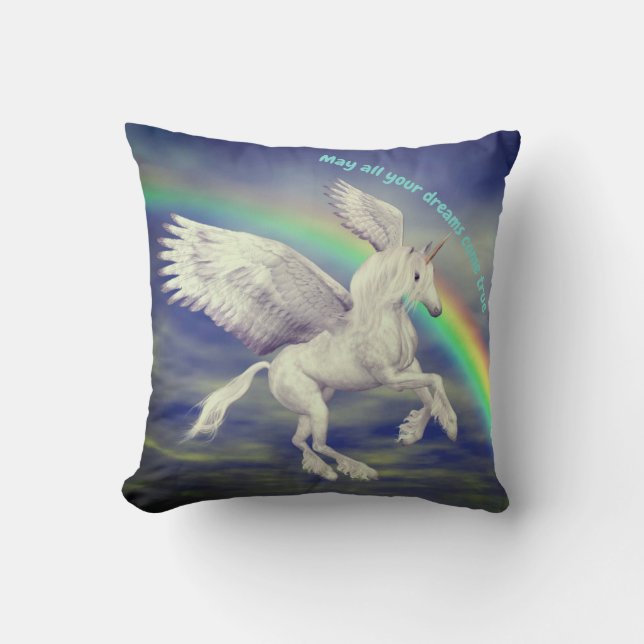 Unicorn Flying Over Rainbow Dreams Inspirational Kussen (Voorkant)