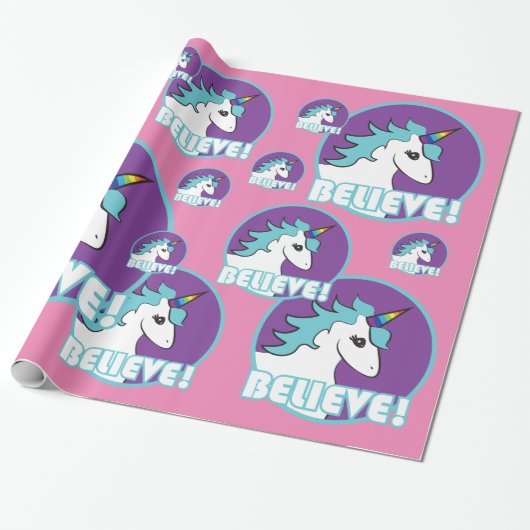 Unicorn "GELOOF!" Cadeaupapier (Uitgerold)