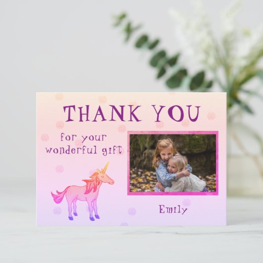 Unicorn gepersonaliseerd dank u Meisje Foto Bedankkaart (Staand voorkant)