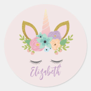 Unicorn-gezicht met Eyelashes persoonlijke naam Ronde Sticker