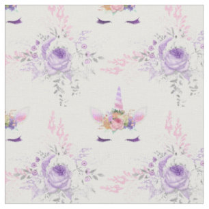 Unicorn-gezichten met paarse bloemen op wit stof