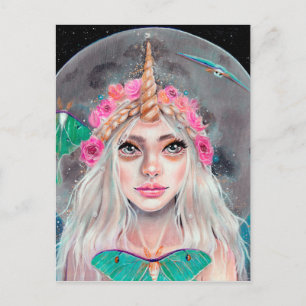 Unicorn Girl en haar Luna Moths, Original Art Briefkaart