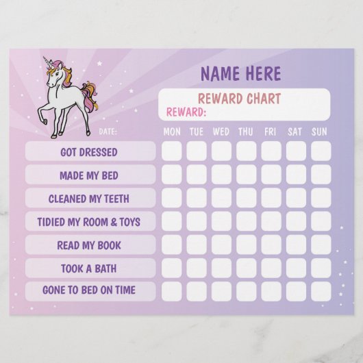 Unicorn Girl Reward Chart Personalized Planner Flyer (Voorkant)