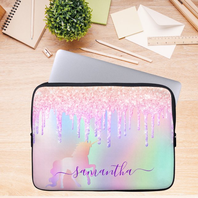 Unicorn glitter druppelt de regenboognaam iridesce laptop sleeve (Creator heeft geüpload)