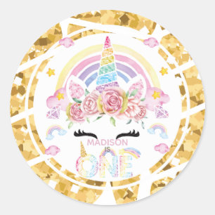 Unicorn Glitter Gold gepersonaliseerde eerste verj Ronde Sticker