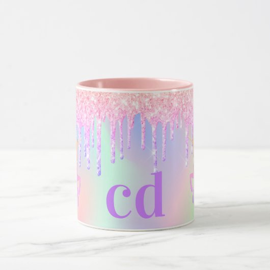 Unicorn glitter regenboogroze monogram holografisc mok (Midden)