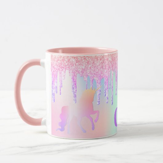 Unicorn glitter regenboogroze monogram holografisc mok (Links)