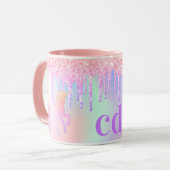 Unicorn glitter regenboogroze monogram holografisc mok (Voorkant links)