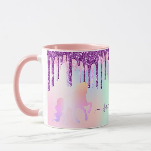 Unicorn glitter regenboogroze monogram holografisc mok (Links)