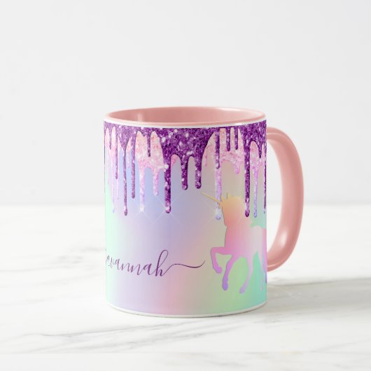 Unicorn glitter regenboogroze monogram holografisc mok (Voorkant rechts)