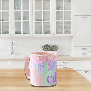 Unicorn glitter regenboogroze monogram holografisc mok