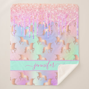 Unicorn glitter regenboogroze naamschrift sherpa deken