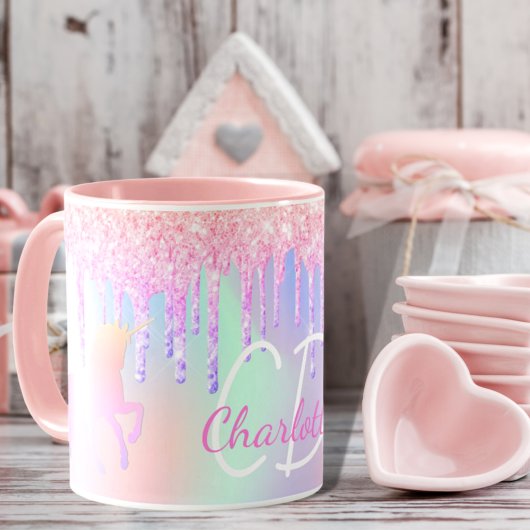Unicorn glitter roze holografische monogram mok