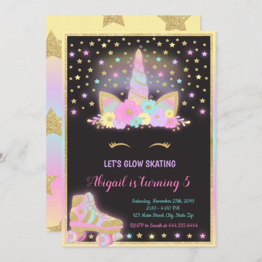Unicorn Glow Roller Skating Invitation, Unicorn Kaart (Voorkant / Achterkant)