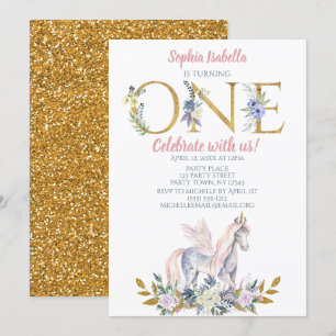 Unicorn Gold Glitter First Birthday Kaart