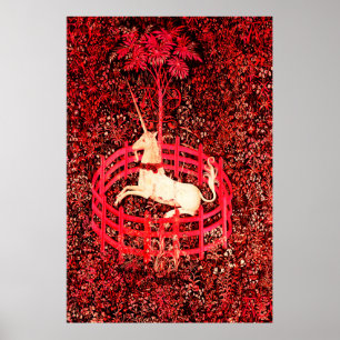 UNICORN GOTHIC FANTASY FLOWERS, RED FLORAL MOTIFS POSTER