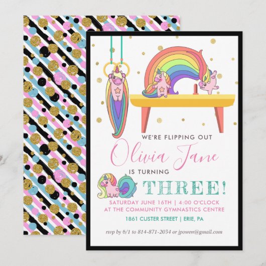 Unicorn Gymnastique Anniversaire Invitation (Devant / Derrière)