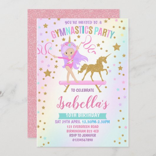 Unicorn Gymnastique anniversaire Invitation (Devant / Derrière)