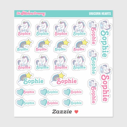 Unicorn Hearts Nom personnalisé Étiquettes | École (Feuille)