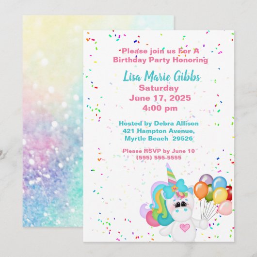 Unicorn Holding Balloons Birthday Kaart (Voorkant / Achterkant)