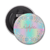 Unicorn holografische glitter button flesopener (Voorkant)