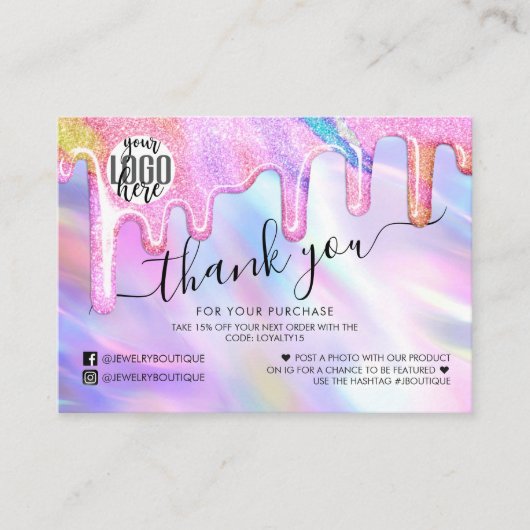 Unicorn Holographic Glitter Customer Hartelijk dan Visitekaartje (Voorkant)