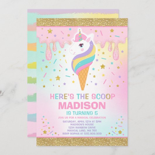 Unicorn Ice Cream Invitation Magic Ice Cream Party Kaart (Voorkant / Achterkant)