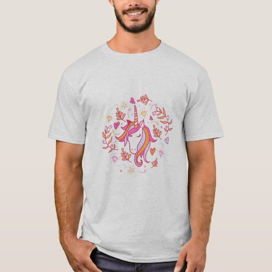 Unicorn in Roze en Oranje T-Shirt (Voorkant)