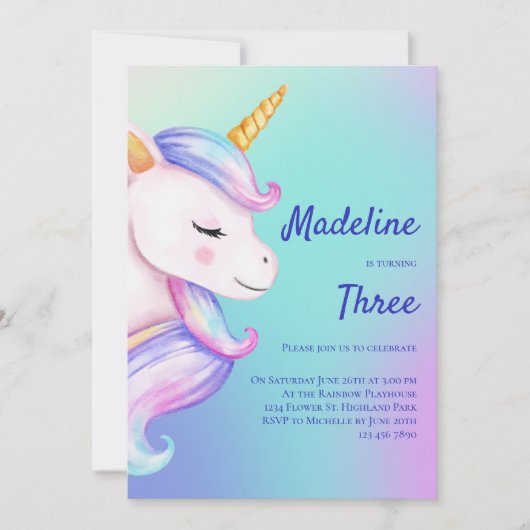 Unicorn Invitation Anniversaire Filles Pastel Arc- (Devant)