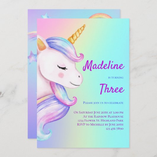 Unicorn Invitation Anniversaire Filles Pastel Arc- (Devant / Derrière)