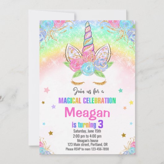 Unicorn invitation anniversaire invitation de lico (Devant)