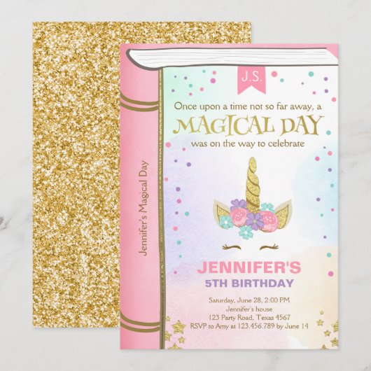 Unicorn Invitation Anniversaire Pink Gold Magazine (Devant / Derrière)