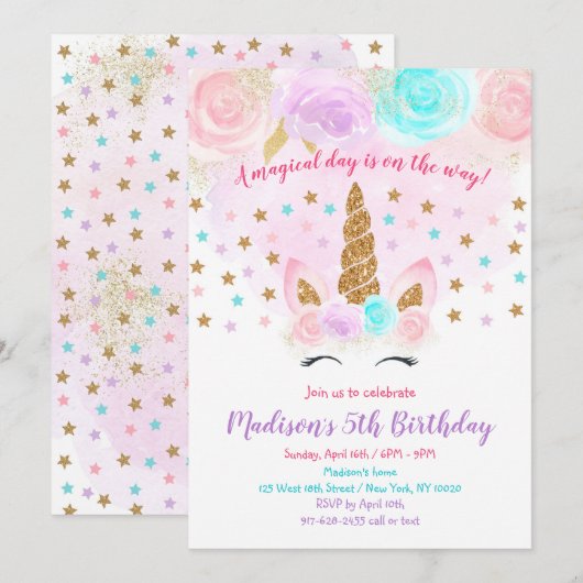 Unicorn Invitation Anniversaire Pink Gold Magie (Devant / Derrière)