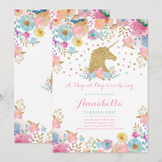 Unicorn Invitation Anniversaire Pink Gold Unicorn (Devant / Derrière)